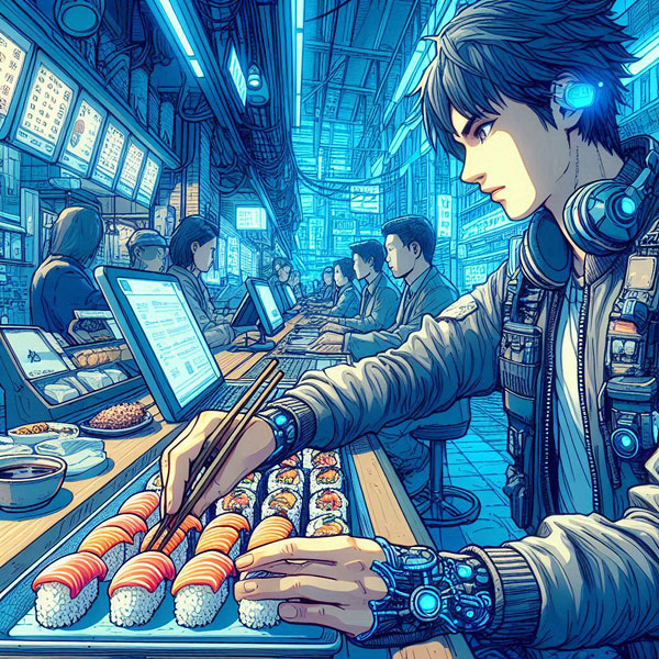 『仮想寿司店で起こった奇妙なフィクション』イメージ画像 by SeaArt